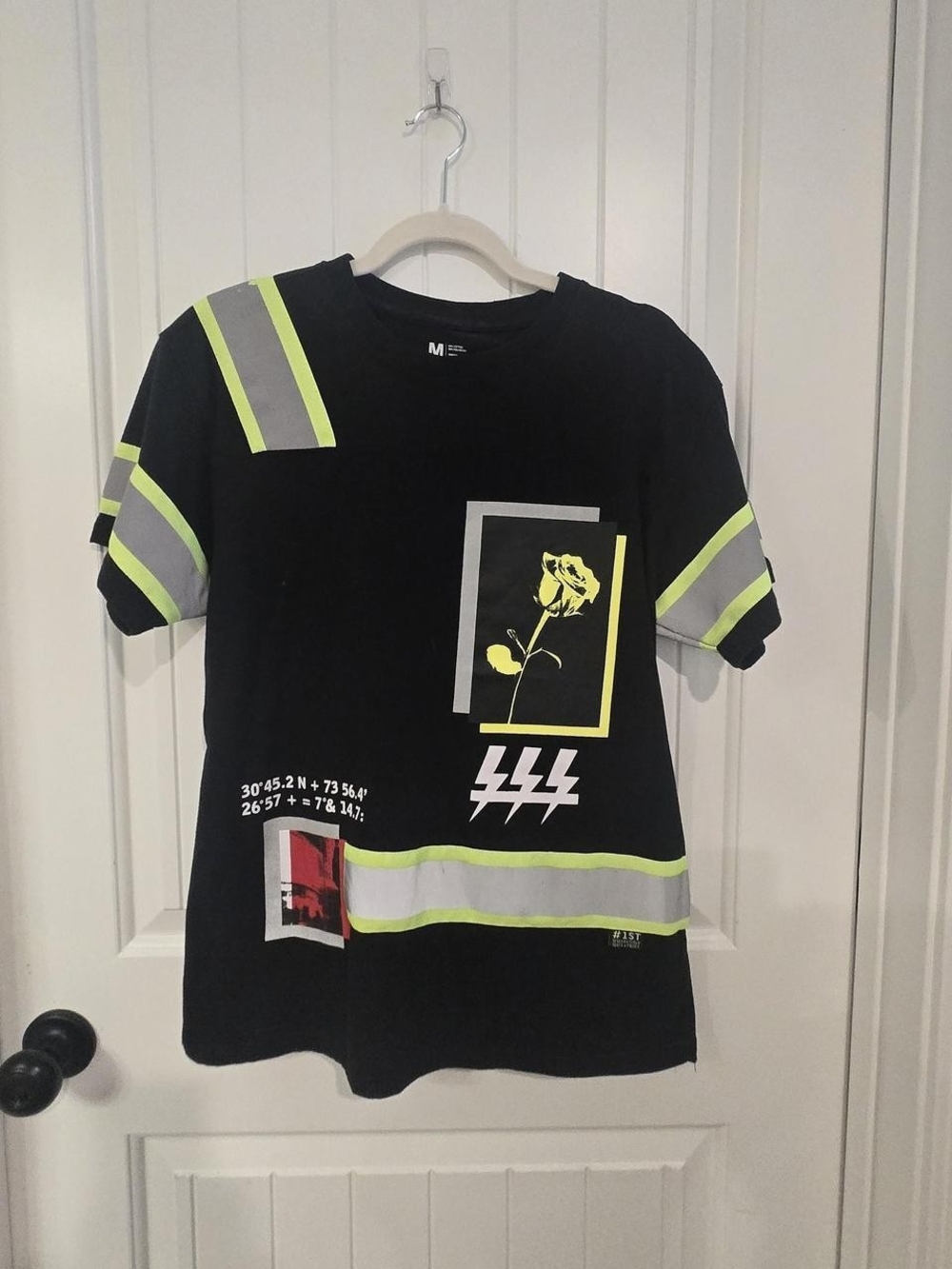 Graphic Black Tee with Neon Yellow Reflective Accents